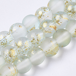 Honeyhandy Frosted Spray Painted Glass Beads Strands, with Golden Foil, Round, Azure, 6~7mm, Hole: 1.2~1.5mm, about 65~67pcs/Strand, 14.76 inch~15.12 inch(37.5~38.4cm)
