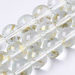 Honeyhandy Transparent Spray Painted Glass Bead Strands, with Golden Foil, Round, Clear, 10~11mm, Hole: 1.4~1.6mm, about 39~42pcs/Strand, 14.84 inch~15.27 inch(37.7~38.8cm)