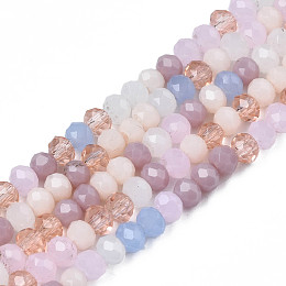 Honeyhandy Opaque Glass Beads Strands, Imitation Jade Glass, Faceted Rondelle, Pink, 3x2mm, Hole: 0.8mm, about 186~193pcs/strand, 17.13 inch~17.32 inch(43.5cm~44cm)