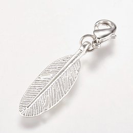 Honeyhandy Alloy Pendant, with Brass Lobster Claw Clasps, Feather, Antique Silver, 43mm