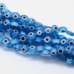 Honeyhandy Handmade Evil Eye Lampwork Flat Round Bead Strands, Dodger Blue, 6x3mm, Hole: 1mm, about 65pcs/strand, 14 inch