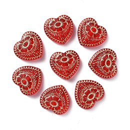 Honeyhandy Plating Acrylic Beads, Metal Enlaced, Heart with Flower, Red, 17x18x6mm, Hole: 1.6mm