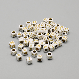 Honeyhandy Plating Acrylic Beads, Golden Metal Enlaced, Horizontal Hole, Mixed Letters, Cube, Gold, 5.5~6x5.5~6x5.5~6mm, Hole: 3.5mm