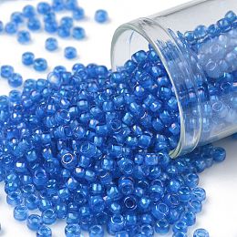 TOHO Round Seed Beads, Japanese Seed Beads, (309) Inside Color Light Sapphire/Opaque Blue Lined, 8/0, 3mm, Hole: 1mm, about 222pcs/10g