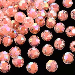 Honeyhandy Transparent Acrylic Beads, Bead in Bead, AB Color, Faceted, Round, Salmon, 9.5x9.5mm, Hole: 2mm