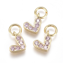 Honeyhandy Brass Micro Pave Cubic Zirconia Charms, with Jump Ring, Long-Lasting Plated, Real 18K Gold Plated, Heart, Pink, 6x8x2mm, Hole: 3mm