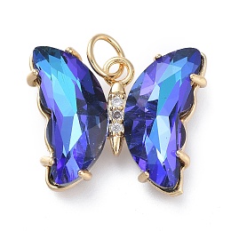 Honeyhandy Brass Micro Pave Clear Cubic Zirconia Pendant, with Glass, Butterfly, Golden, Blue, 15x19x4.5mm, Hole: 3.5mm