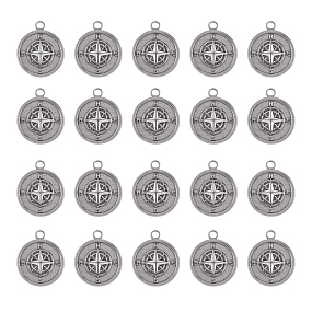 DICOSMETIC 304 Stainless Steel Pendants, Flat Round with Compass, Stainless Steel Color, 19x16x2mm, Hole: 2mm, 20pcs/box