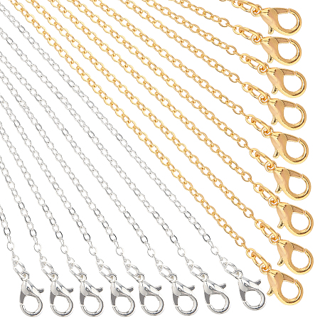 PANDAHALL ELITE Brass Cable Chains Necklace Making, with Lobster Claw Clasps, Golden & Silver, 23.6 inches~24.37 inches(60cm~61.9cm); 2 colors, 20pcs/color, 40pcs/set