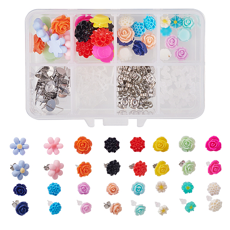 SUNNYCLUE DIY Earring Making, with Flower Resin Cabochons, 304 Stainless Steel Ear Stud Components, Plastic Ear stud Components and 304 Stainless Steel/Plastic Earring Ear Nuts, Mixed Color, 11x7x3cm