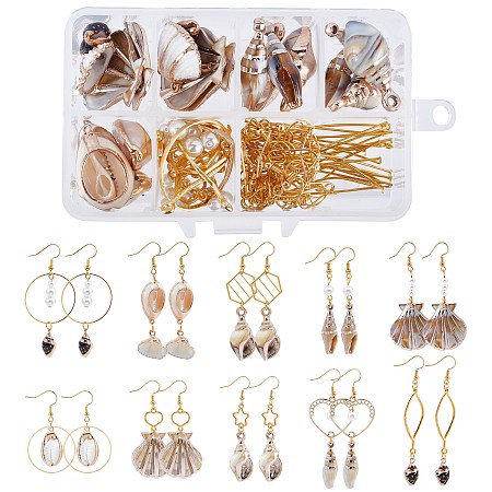 SUNNYCLUE DIY Shell Themed Earring Making Kits, include Electroplate Shell & Acrylic Pendants, Brass Linking Rings & Earring Hooks, Alloy Links and Glass Pearl Beads, Golden & Light Gold