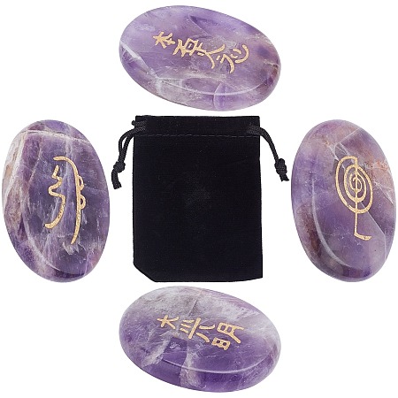 GORGECRAFT 4Pcs Amethyst Reiki Stones Engraved Rune Palm Stone Set Balancing and Positive Energy Generator for Meditation Divination Chakra Healing