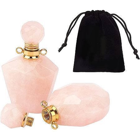NBEADS 2 Pcs Perfume Bottle Pendants, Openable Rose Quartz Pendant Charm with 304 Stainless Steel Findings and Velvet Pouches for Essential Oil Diffusering Necklaces