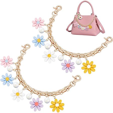 PandaHall Elite Purse Extender, 2pcs 9.8 Inch Decorative Bag Strap Golden Metal Bag Chain Strap with Colorful Flower Pearls Replacement Handle Bag Chain Straps Charms for Women Crossbody Shoulder Bag
