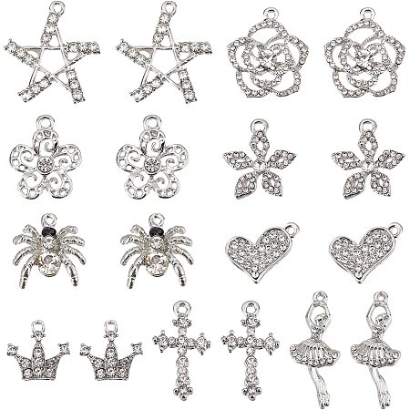 SUPERFINDINGS 36Pcs 9 Styles Bling Rhinestone Charms Alloy Rhinestone Pendants Flower Heart Crown Spider Platinum Fashion Alloy Charm Set for Jewelry Making Accessories