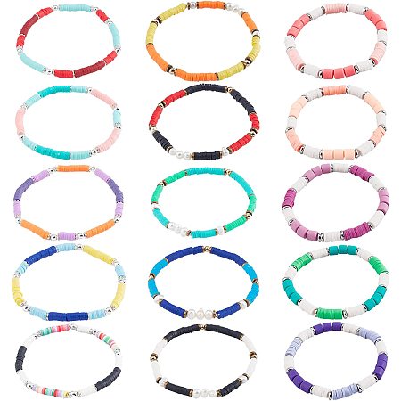 PandaHall Elite Heishi Bracelet, 15 Styles Pearl Silver Spacer Beads Polymer Clay Beaded Stretch Bracelet Stackable Bohemia Bracelet Rainbow Colors for Men Women Spring Summer Surfur Vacation, 2