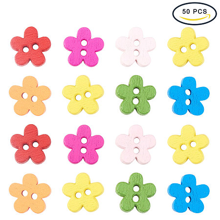 PandaHall Elite 50pcs Colorful Flower Shaped Wooden Buttons for Scrapbooking Swing Craft