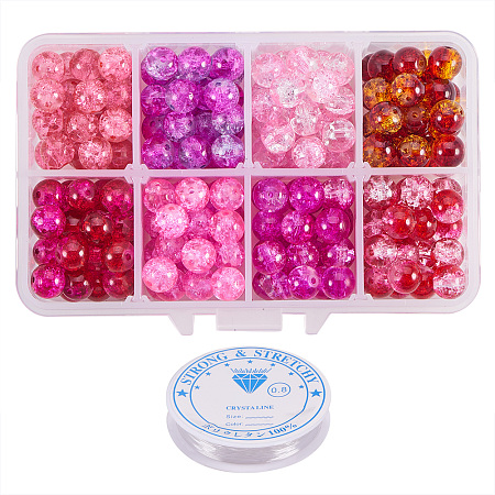 PandaHall Elite About 240pcs 8 Color Pink Series 8mm Round Spray Painted Crackle Glass Beads Assortment Lot with Crystal Elastic Thread (0.8mm; 5m/roll)