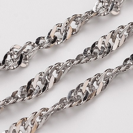Honeyhandy 304 Stainless Steel Singapore Chains, Water Wave Chains, Soldered, Faceted, Stainless Steel Color, 3mm