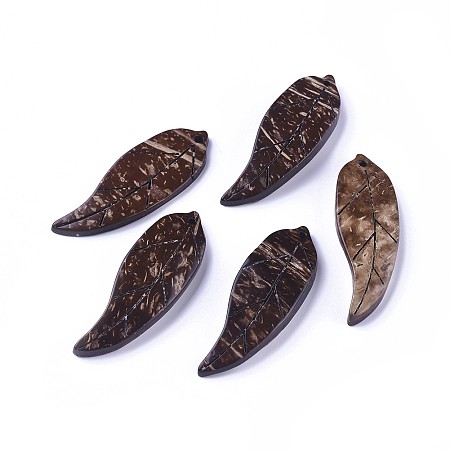 Honeyhandy Coconut Pendants, Leaf, Coffee, 50x17x4.5mm, Hole: 1.5mm