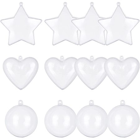 arricraft 12 Sets 3 Styles Transparent Plastic Ornament, Hollow Clear Balls Heart & Star & Round Fill-able Ornaments for Xmas Wedding Party Decoration