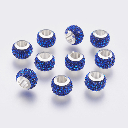 304 Stainless Steel European Beads, with Polymer Clay Rhinestone, Large Hole Beads, Rondelle, Sapphire, 11x7.5mm, Hole: 5mm
