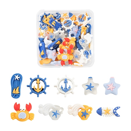 Arricraft 54Pcs 9 Style Resin Cabochons, Ocean Theme, Slippers & Crab & Fishbone & Bottle & Helm & Wishing Bottle, Mixed Color, 14~32x23~34x7~9mm, 9 style