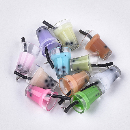 Honeyhandy Plastic Cup Pendants, with Resin Inside and Iron Findings, Imitation Bubble Tea/Boba Milk Tea, Mixed Color, 23~28x13~17x13mm, Hole: 1.8mm