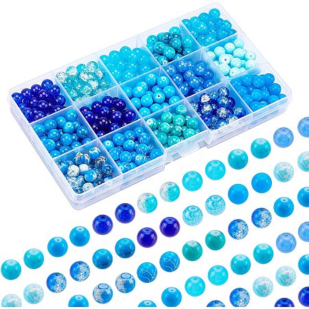 PandaHall Elite 15 Style Blue Glass Beads, 450pcs 8mm Blue Sea Crackle Glass Bead Round Loose Beads Spacers for Summer Boho Bracelets, Necklaces, Crafts DIY Jewelry Making
