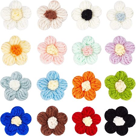 ARRICRAFT 32 Pcs 16 Colors Crochet Flowers, Flower Sew On Patches Cotton Knitting Applique Patches for Crafts Clothes Dress Jackets Hat Bags