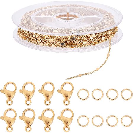 Beebeecraft 32.8 Feet 18K Gold Plated Chains for Jewelry Making Flat Round Link Cable Chain with 20 Lobster Claw Clasps and 50 Jump Rings