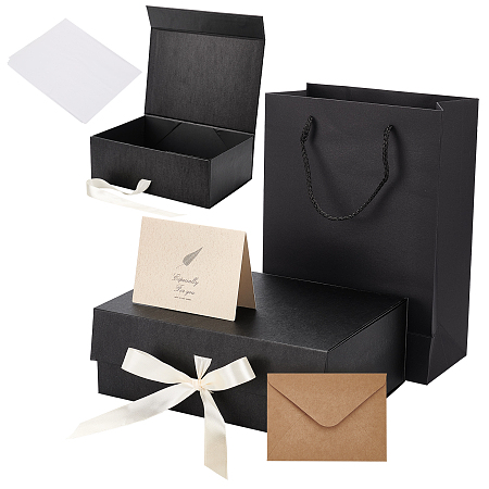 BENECREAT 2 Set Kraft Paper Gift Box Set with Magnetic Lids, 28x20x10cm Paper Present Box with Raffia, Greeting Card and Paper Gift Bag for Presents Birthdays Anniversaries Gift Packaging