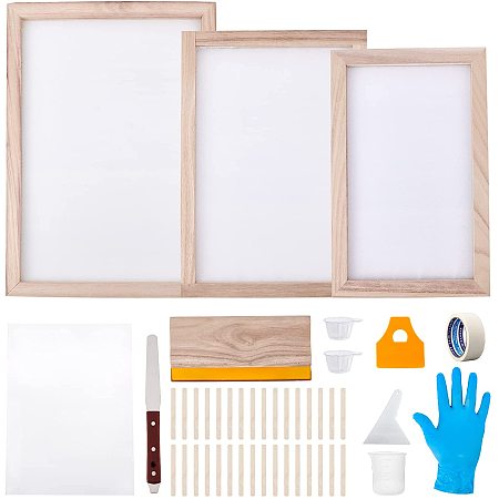 OLYCRAFT 80pcs Silk Screen Printing Starter Kit Include 3 Different Size of Wood Silk Screen Printing Frame with Mesh Screen Printing Squeegee Scraper Tools Inkjet Transparency Film and Mask Tape
