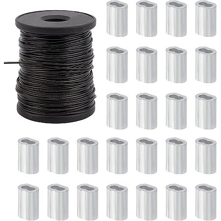 Pandahall Elite 164 Feet 304 Stainless Steel Wire Black 1.5mm Jewelry Wire with 30pcs Aluminum Slide Charms Crimp Sleeve Tiny Column End Beads for Wall Decor Picture LED Strip Light Hanging