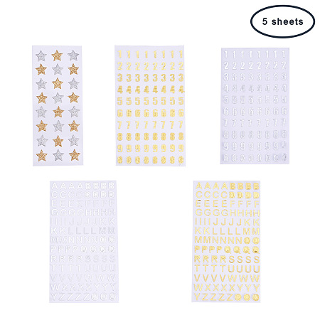 PandaHall Elite 5 Sheets Glitter Alphabet Decorative Sticker Self Adhesive Letters Number and Star Label Stickers for Kids DIY Crafts, Scrapbooking, Calendars, Arts, Album Gold and Silver