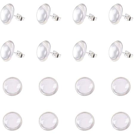 PH PandaHall 50 pcs 12mm Brass Flat Round Stud Earring Cabochon Setting Post Cup with 50pcs 12mm Clear Glass Cabochons for Earring DIY Jewelry Craft Making, Silver