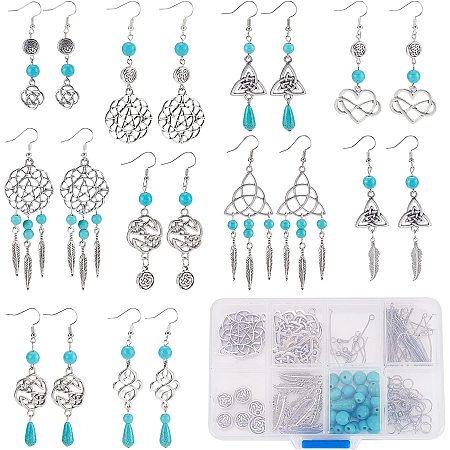 SUNNYCLUE 1 Box DIY 10 Pairs Vintage Style Trinity Knot Charm Infinity Love Charms Earring Making Kit Feather Charm Knot Charms for Jewelry Making Synthetic Turquoise Round Beads Adult Women Craft