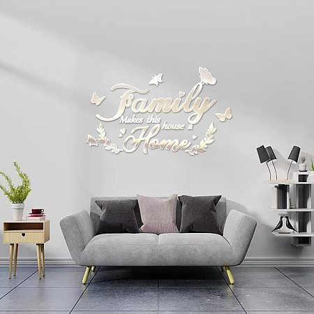 GLOBLELAND Family Makes This House A Home Acrylic Wall Stickers Butterflies Pattern Mirror Decor Stickers DIY Wall Decals for Living Room Bedroom Bathroom Office Kitchen Motivational Letter Wall Decor