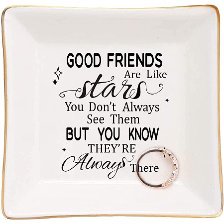 Arricraft Porcelain Square Trinket Dish Friendship Theme Letter Pattern Ceramic Jewelry Tray Ring Holder Small Jewelries Plate Girls'Gift Home Decor About 4.1x4.1x1.1 inch(10.5x10.5x2.7cm)