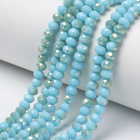 Honeyhandy Electroplate Opaque Glass Beads Strands, Half Rainbow Plated, Faceted, Rondelle, Cyan, 3x2mm, Hole: 0.8mm, about 165~169pcs/strand, 15~16 inch(38~40cm)