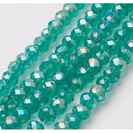 Honeyhandy Electroplate Glass Beads Strands, Full Rainbow Plated, Faceted, Rondelle, Light Sea Green, 4~4.5x3mm, Hole: 0.5mm, about 130~135pcs/strand, 15.5~16 inch(39~40cm)