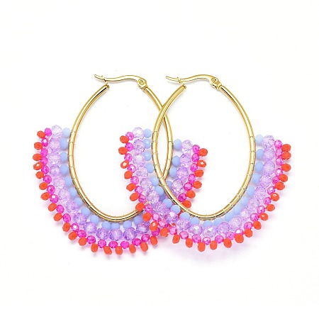 NBEADS 304 Stainless Steel Hoop Earrings, with Glass Beads, Oval, Golden, Violet, 54.5~56x51.5~52x4mm