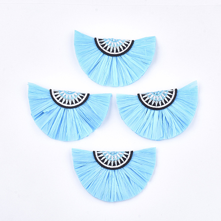 Raffia Decoration Accessories, with Cotton, Fan Shaped, Light Sky Blue, 41~42x68~69x6mm