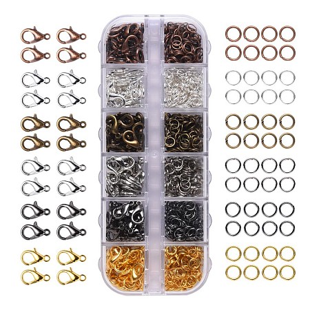 ARRICRAFT Alloy Lobster Claw Clasps and Iron Open Jump Rings, Antique Bronze & Gunmetal & Golden & Red Copper & Silver & Platinum, 12x6mm, Hole: 1.2mm, 132pcs/box, 5x0.7mm, 840pcs/box