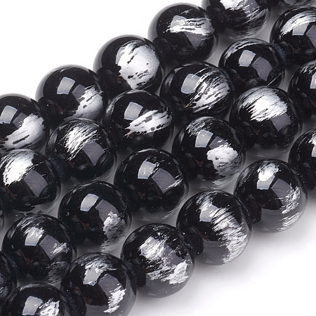 ARRICRAFT Natural Jade Beads Strands,  Brushed Silver Color, Dyed, Round, Black, 12mm, Hole: 1mm, about 32pcs/strand, 15.7 inch(40cm)