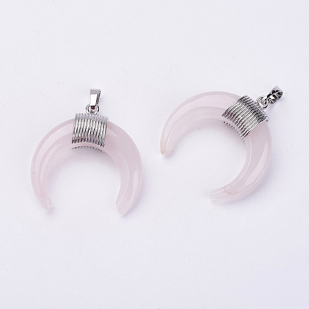 Honeyhandy Natural Rose Quartz Pendants, with Platinum Plated Brass Findings, Double Horn/Crescent Moon, 34x33x8.5mm, Hole: 5x7mm