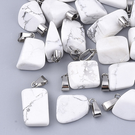 Honeyhandy Natural Howlite Pendants, with Stainless Steel Snap On Bails, Nuggets, 15~35x10~20x5~15mm, Hole: 3x7.5mm