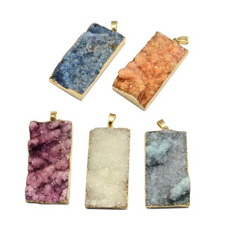 ARRICRAFT 5PCS Mixed Color Dyed Plated Natural Druzy Agate Rectangle Pendants for Jewelry Making (Rectangle)