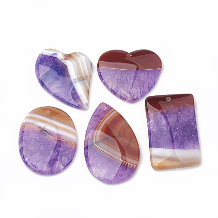 Honeyhandy Dyed Natural Crackle Agate Pendants, Mixed Shape, Medium Purple, 35~54x33~40x5~6mm, Hole: 1~1.5mm