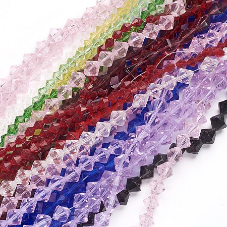 Arricraft Glass Bicone Beads Strands, Faceted, Mixed Color, 4~15x4~11mm, Hole: 1~1.5mm; about 22~88pcs/strand, 11.81~14.17''(30~36cm); about 65strands/bag